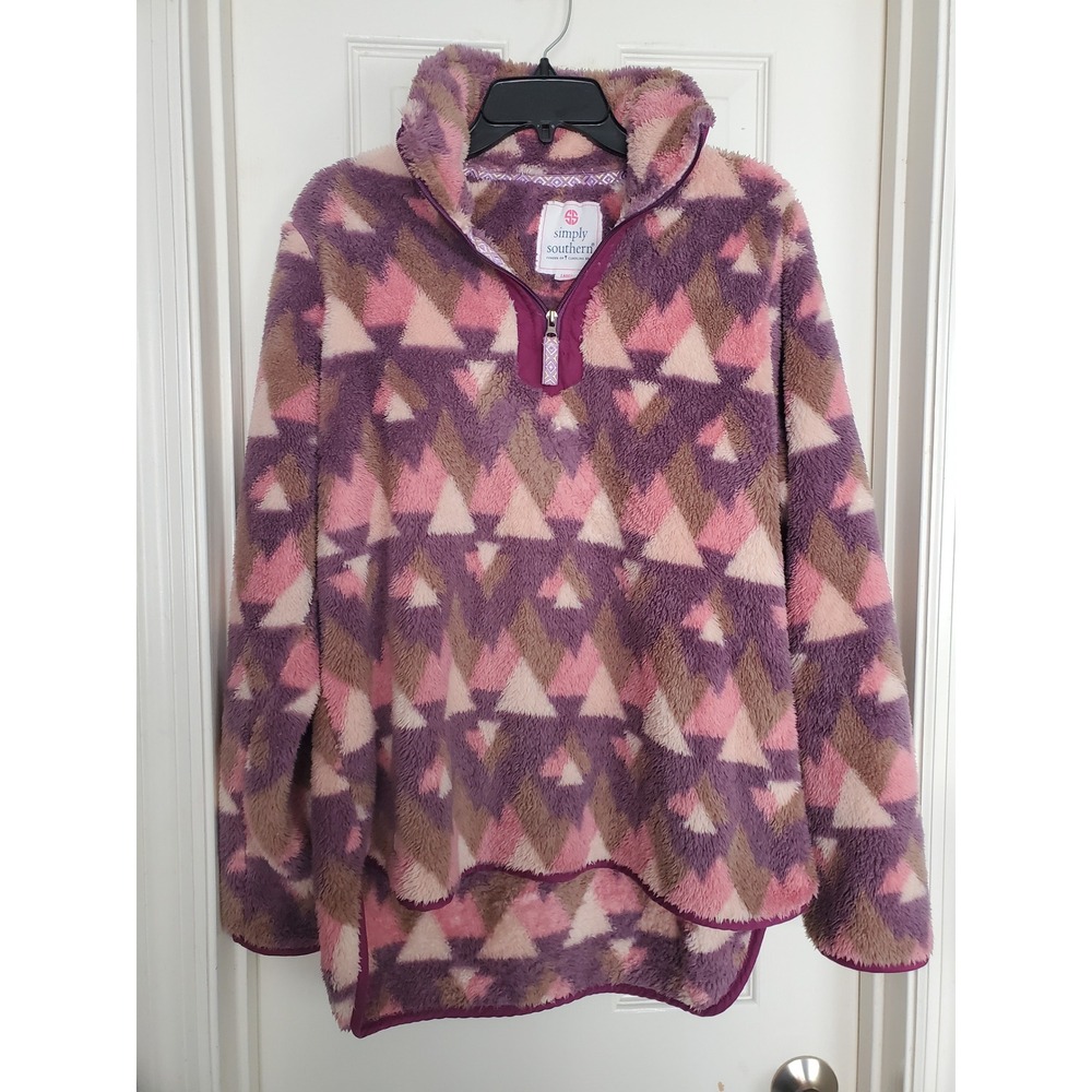 Simply Southern Pullover Purple Pink Geometric Sherpa Fleece Quarter Zip Large